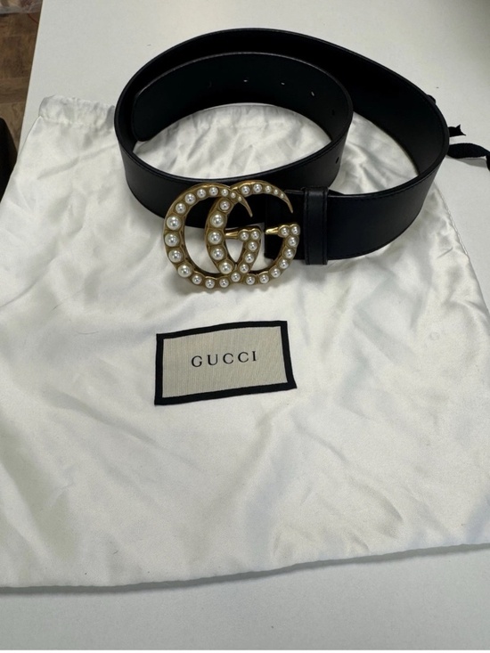 Gucci Women\'s Black Wide Fashion Belt Pearl GG Buckle Adjustable Size 90